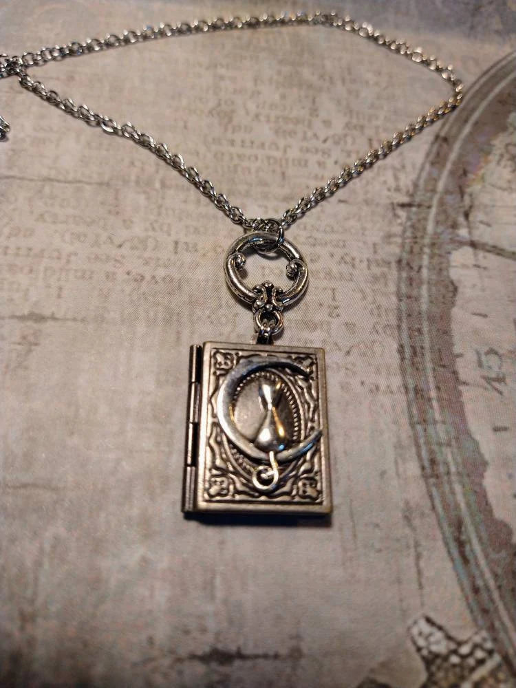 Cat on Moon Book Locket Necklace in Antique Silver