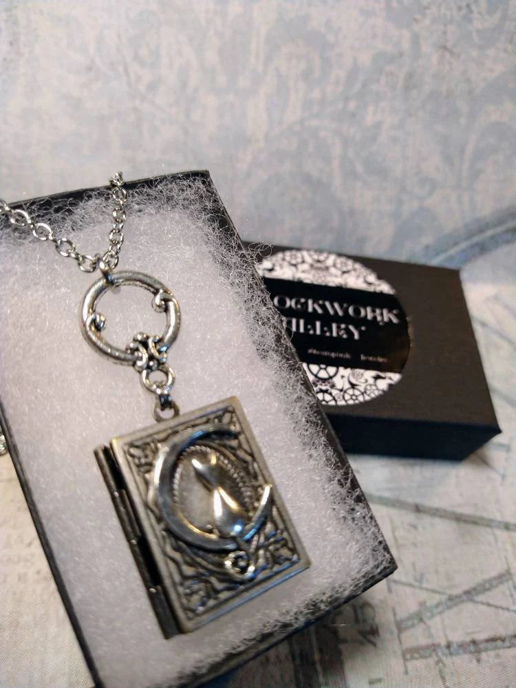 Cat on Moon Book Locket Necklace in Antique Silver
