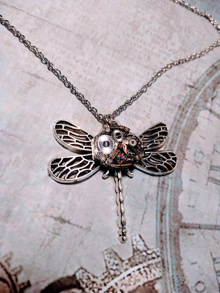 Steampunk Dragonfly Watch Movement Necklace with Exposed Gears
