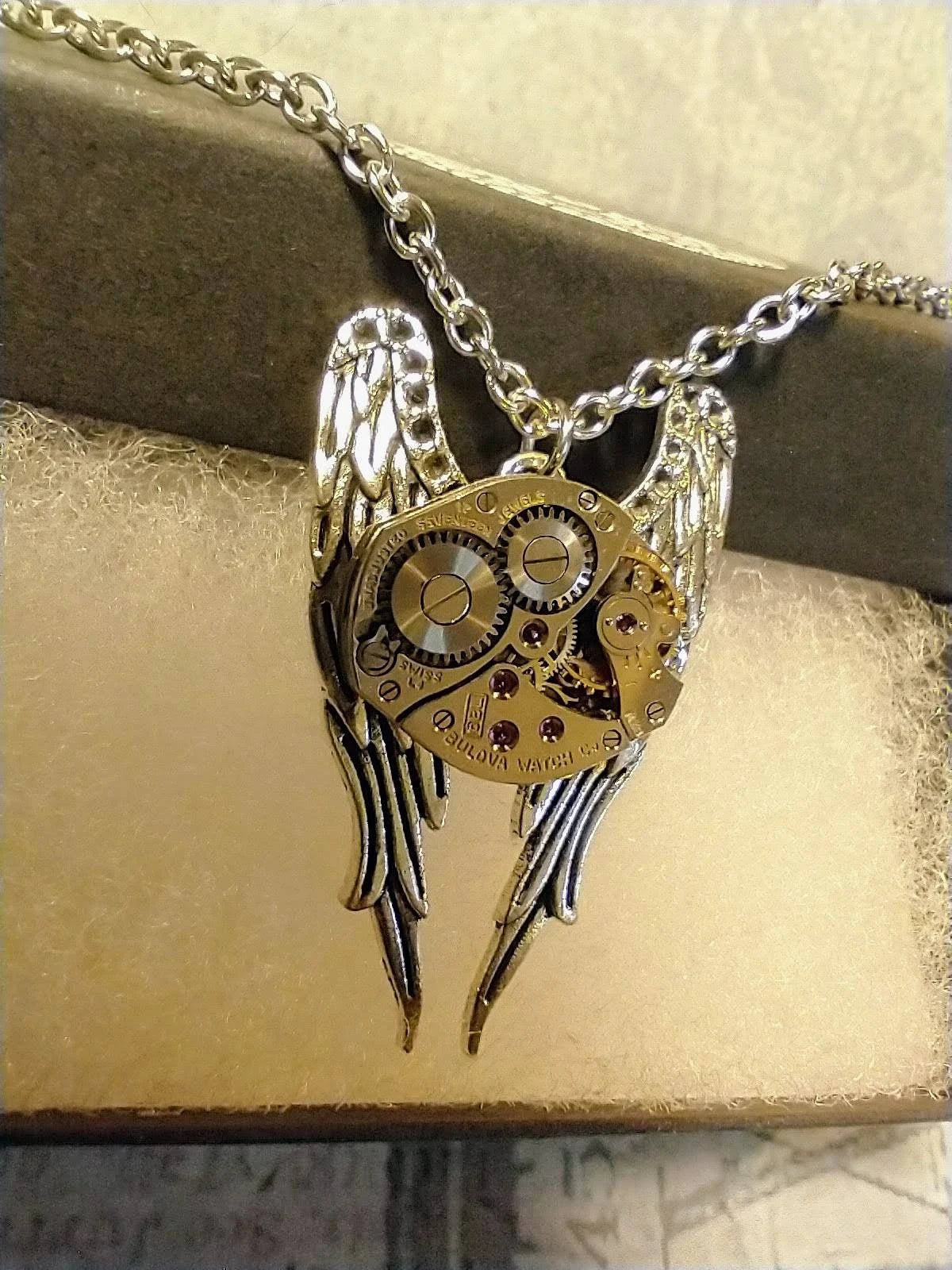 Steampunk Wings Watch Movement Necklace with Exposed Gears