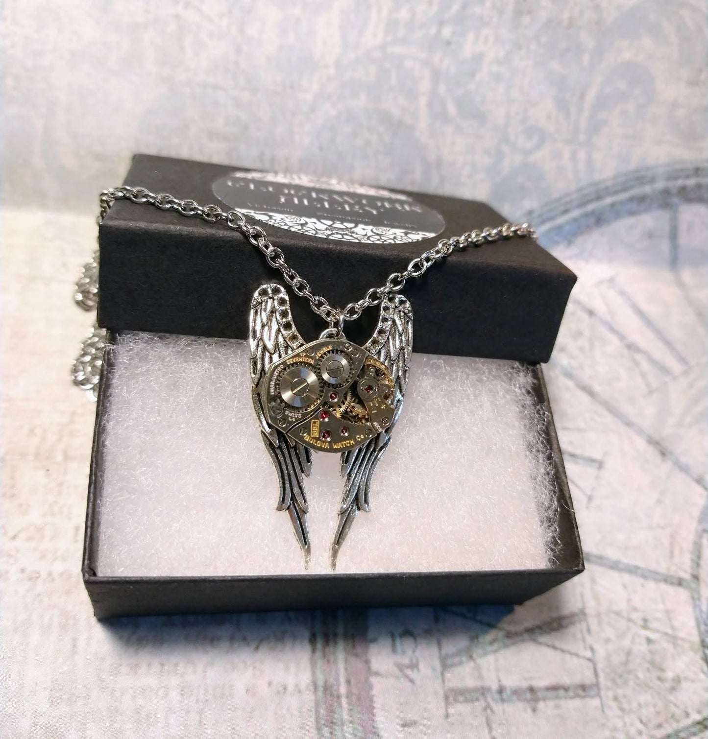 Steampunk Wings Watch Movement Necklace with Exposed Gears