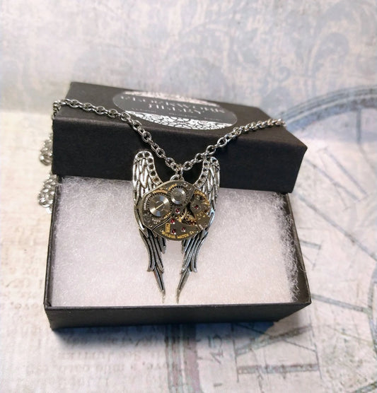 Steampunk Wings Watch Movement Necklace with Exposed Gears