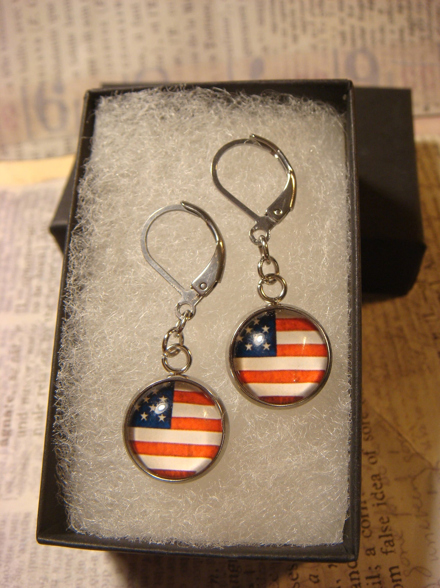 USA Flag Image Stainless Steel Dangle Earrings