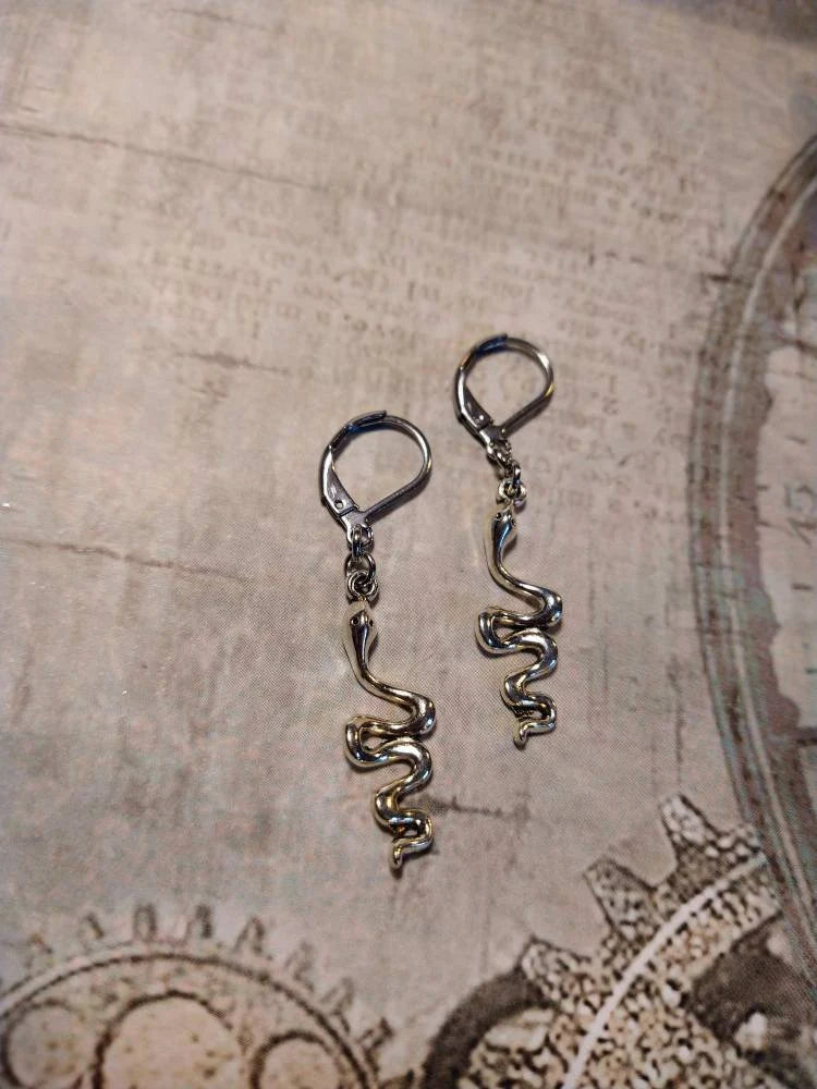 Snake Dangle Earrings in Antique Silver
