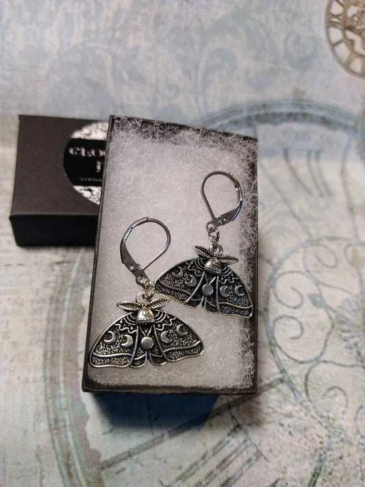 Lunar Moth Dangle Earrings in Antique Silver