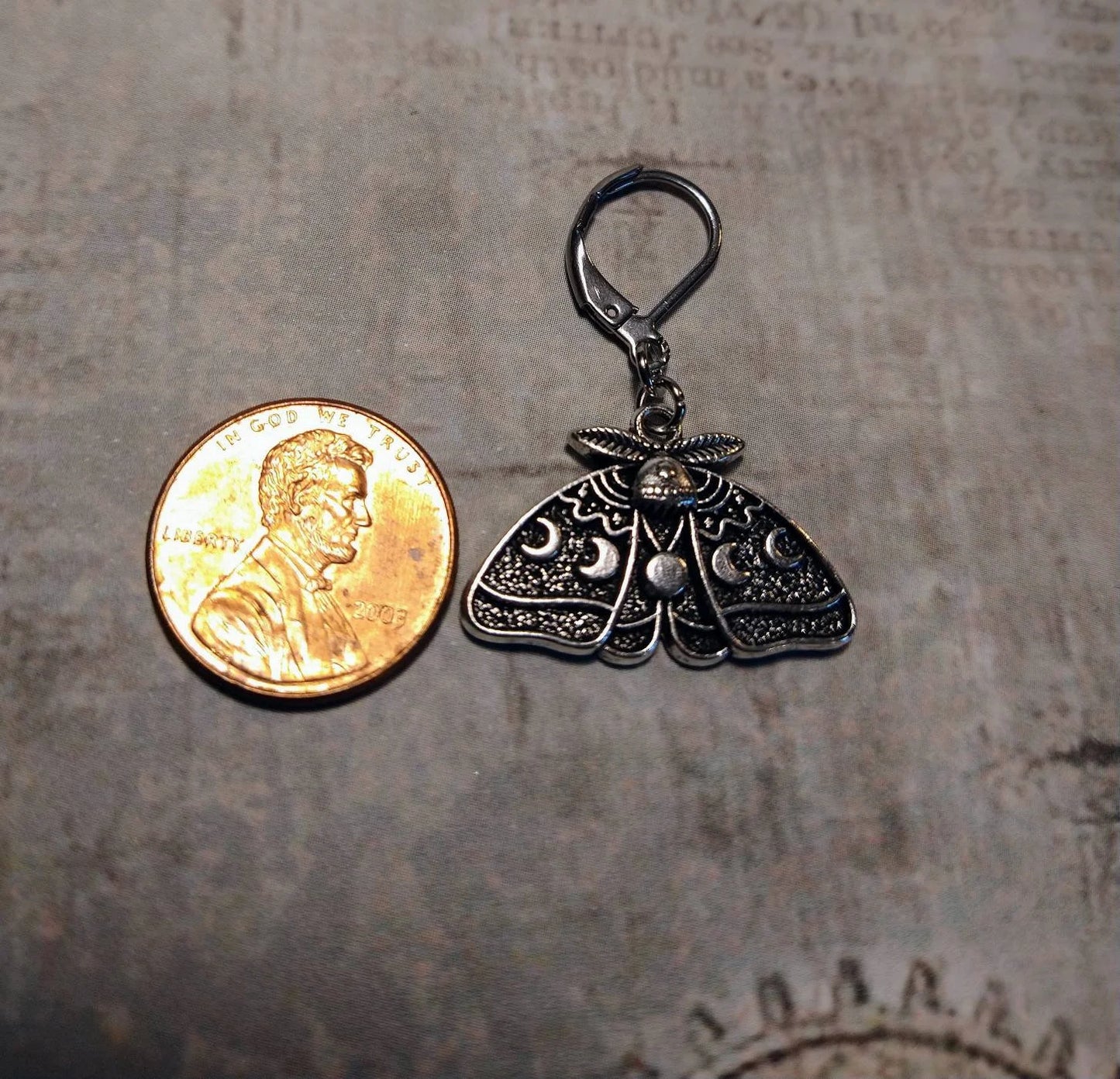 Lunar Moth Dangle Earrings in Antique Silver