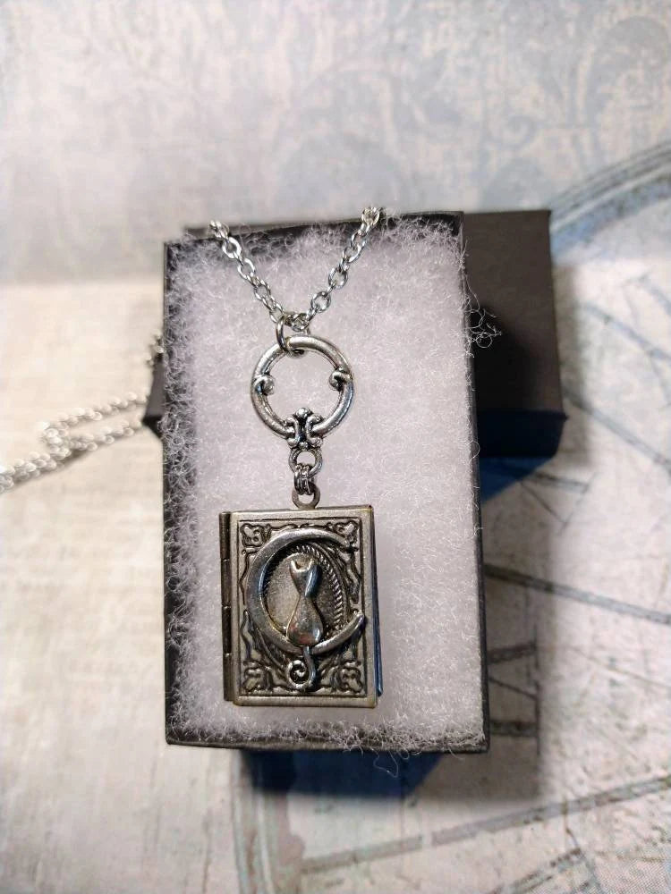 Cat on Moon Book Locket Necklace in Antique Silver