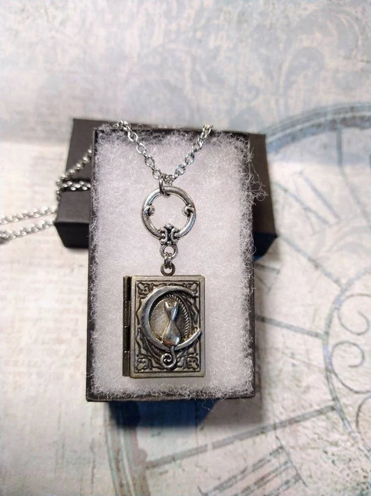 Cat on Moon Book Locket Necklace in Antique Silver