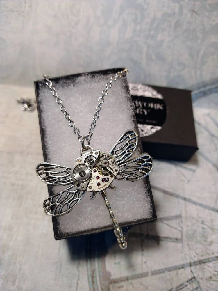 Steampunk Dragonfly Watch Movement Necklace with Exposed Gears