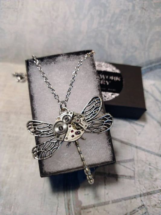 Steampunk Dragonfly Watch Movement Necklace with Exposed Gears