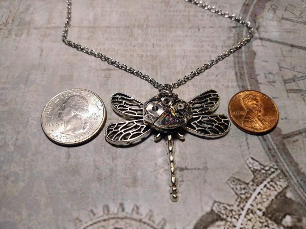 Steampunk Dragonfly Watch Movement Necklace with Exposed Gears