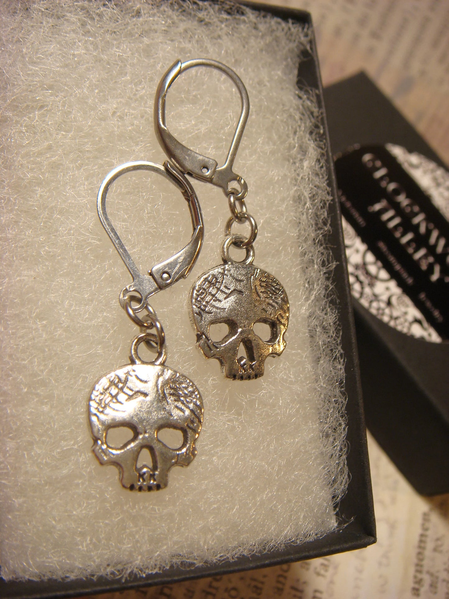 Skull Dangle Earrings in Antique Silver