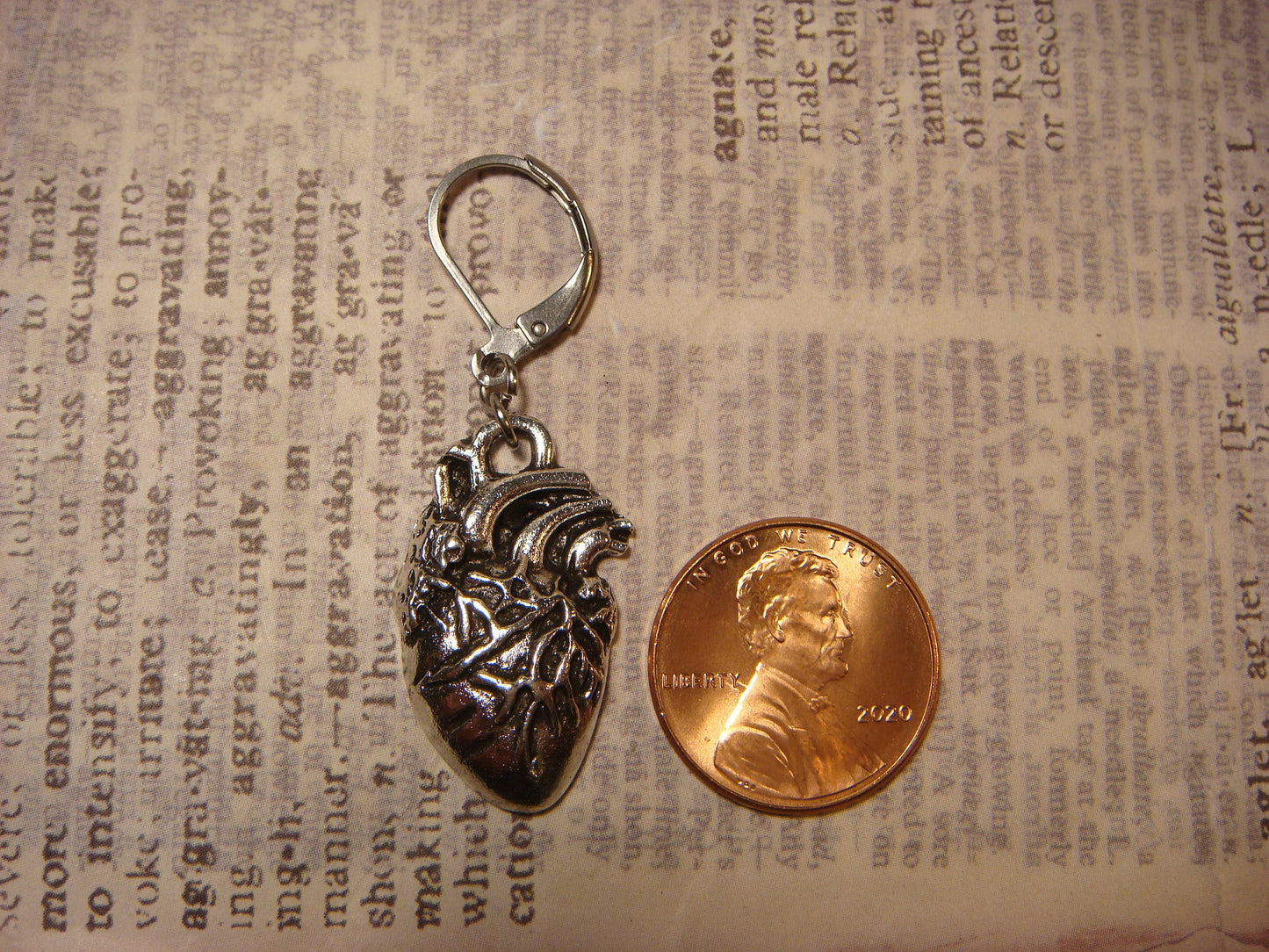 Anatomical Heart Dangle Earrings in Antique Silver