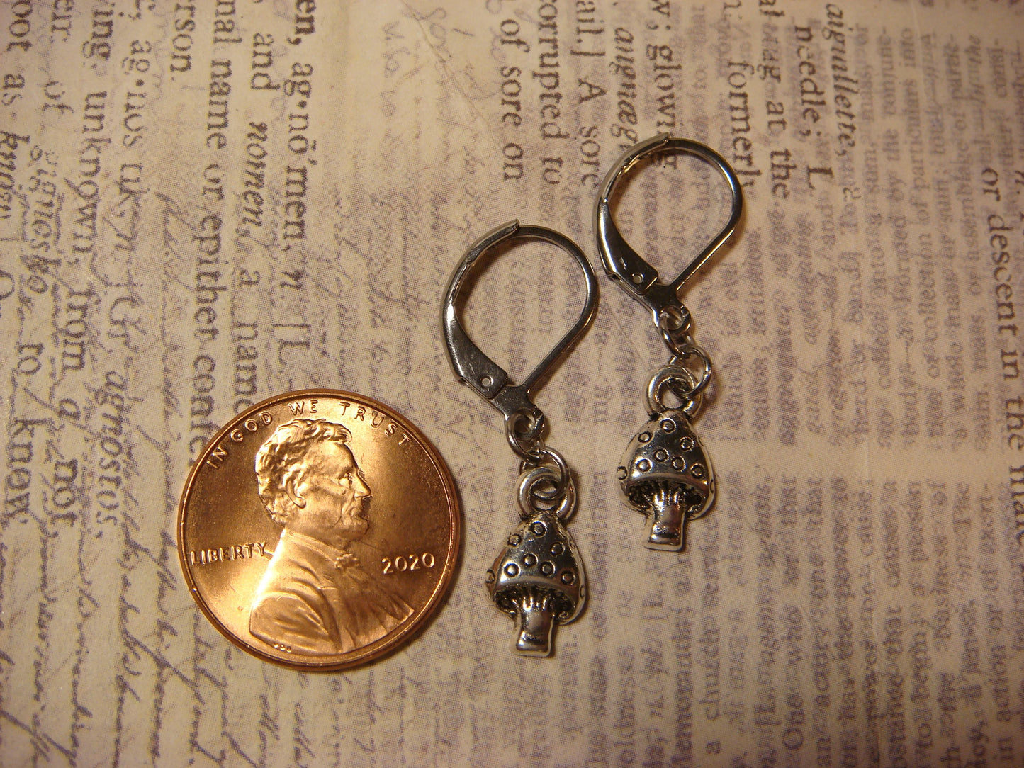 Tiny Mushroom Dangle Earrings in Antique Silver