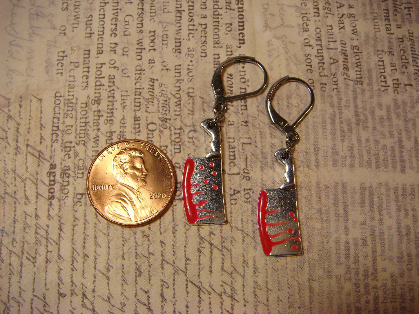 Bloody Cleaver Dangle Earrings in Antique Silver