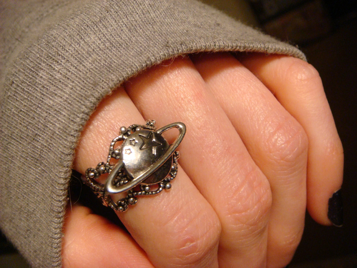 Planet Saturn Filigree Ring in Antique Silver - Adjustable