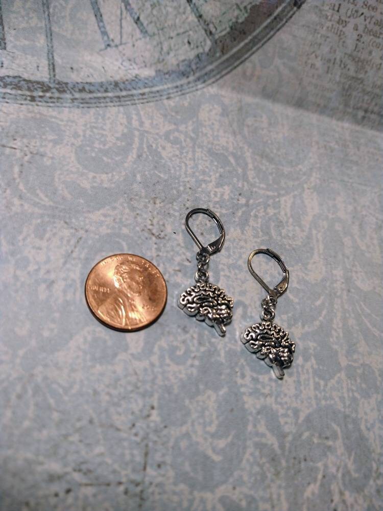 Brain Dangle Earrings in Antique Silver