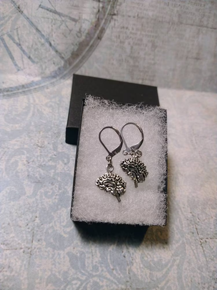 Brain Dangle Earrings in Antique Silver