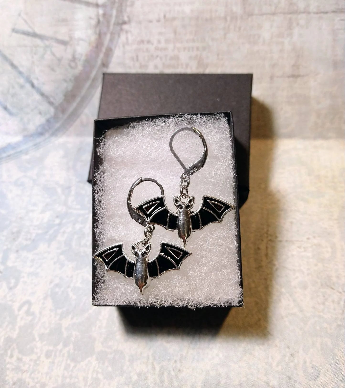 Bat Dangle Earrings in Antique Silver
