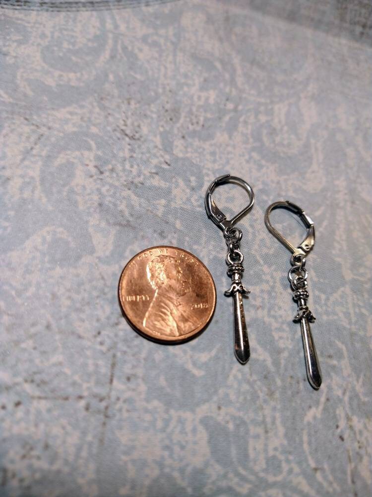 Sword Dangle Earrings in Antique Silver