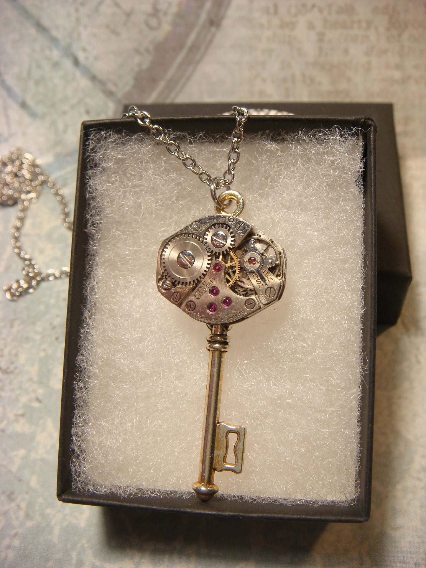 Steampunk Key Watch Movement Necklace with Exposed Gears