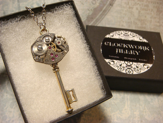 Steampunk Key Watch Movement Necklace with Exposed Gears