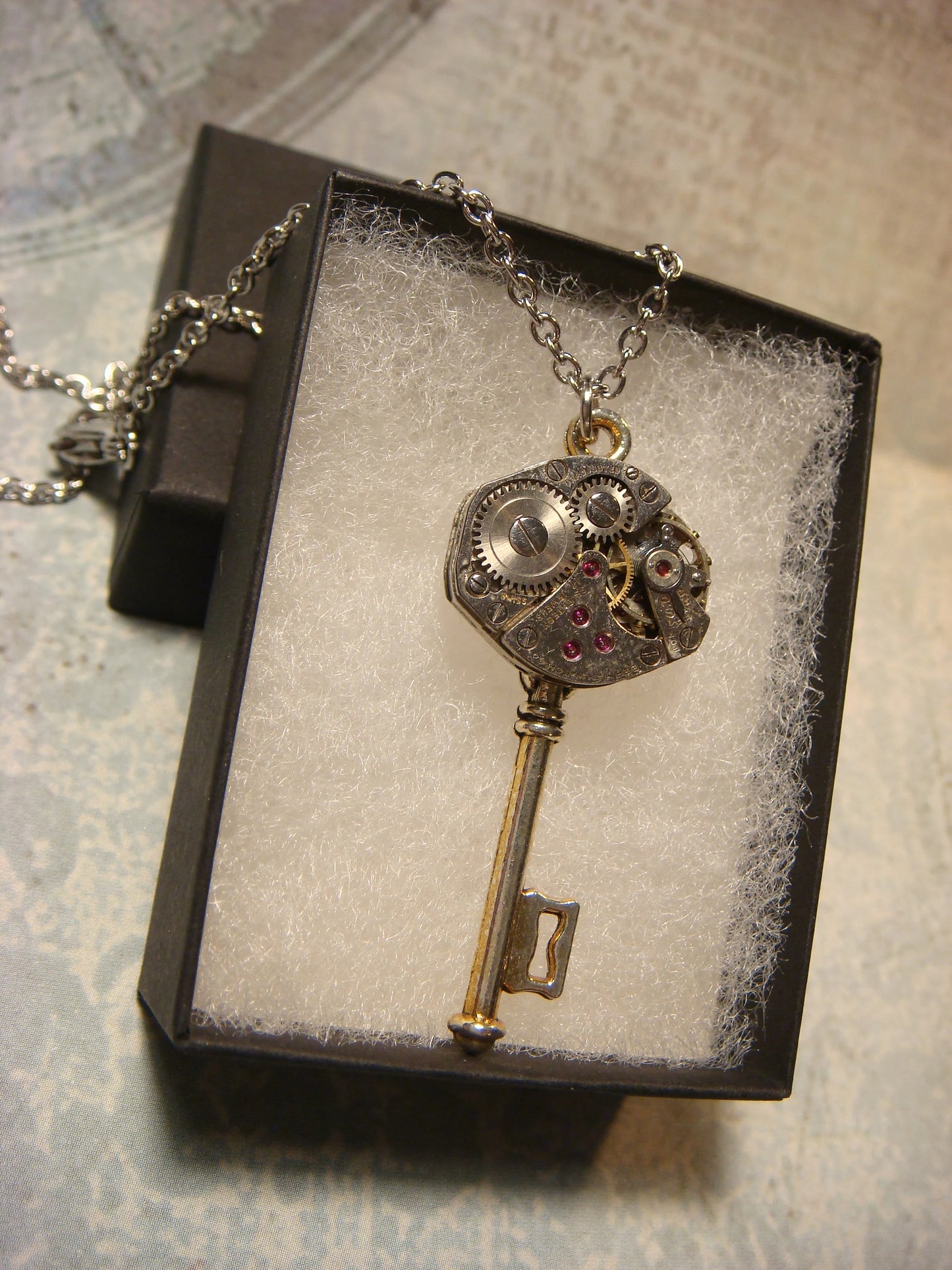 Steampunk Key Watch Movement Necklace with Exposed Gears