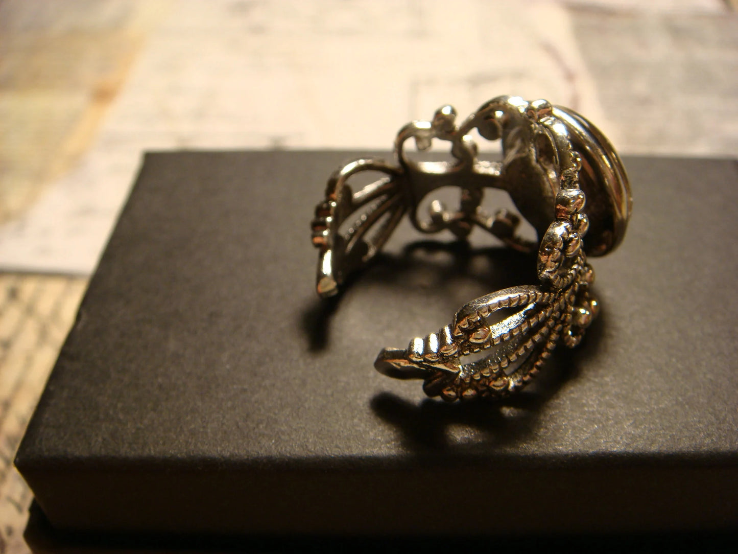 Moon and Sun Image Filigree Ring in Antique Silver - Adjustable