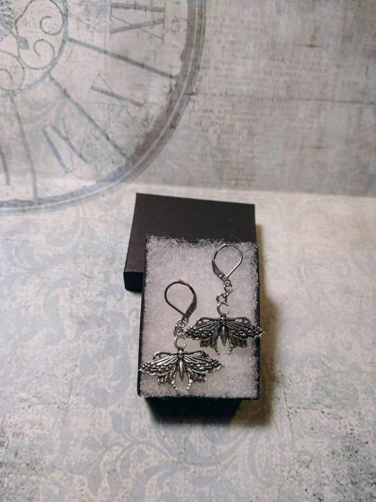 Moth Dangle Earrings in Antique Silver
