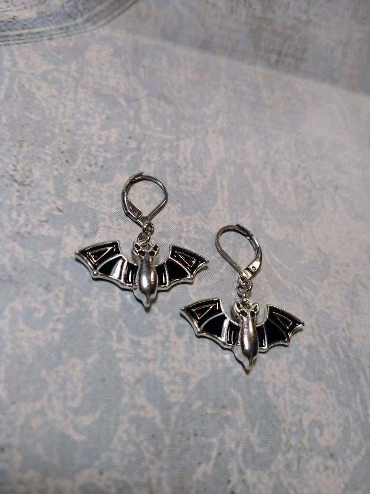 Bat Dangle Earrings in Antique Silver