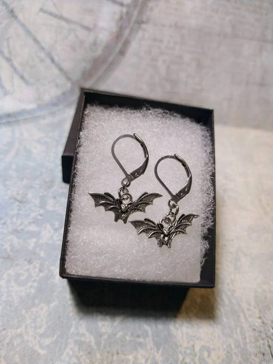 Bat Dangle Earrings in Antique Silver (tiny)
