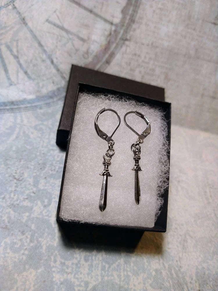 Sword Dangle Earrings in Antique Silver