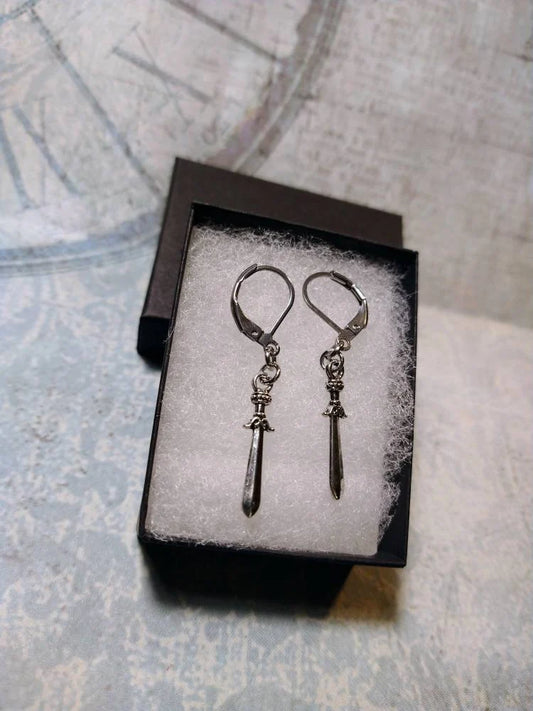 Sword Dangle Earrings in Antique Silver