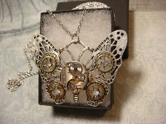 Steampunk Butterfly Watch Movement Necklace with Exposed Gears