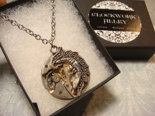 Steampunk Moon and Watch Movement Necklace with Exposed Gears