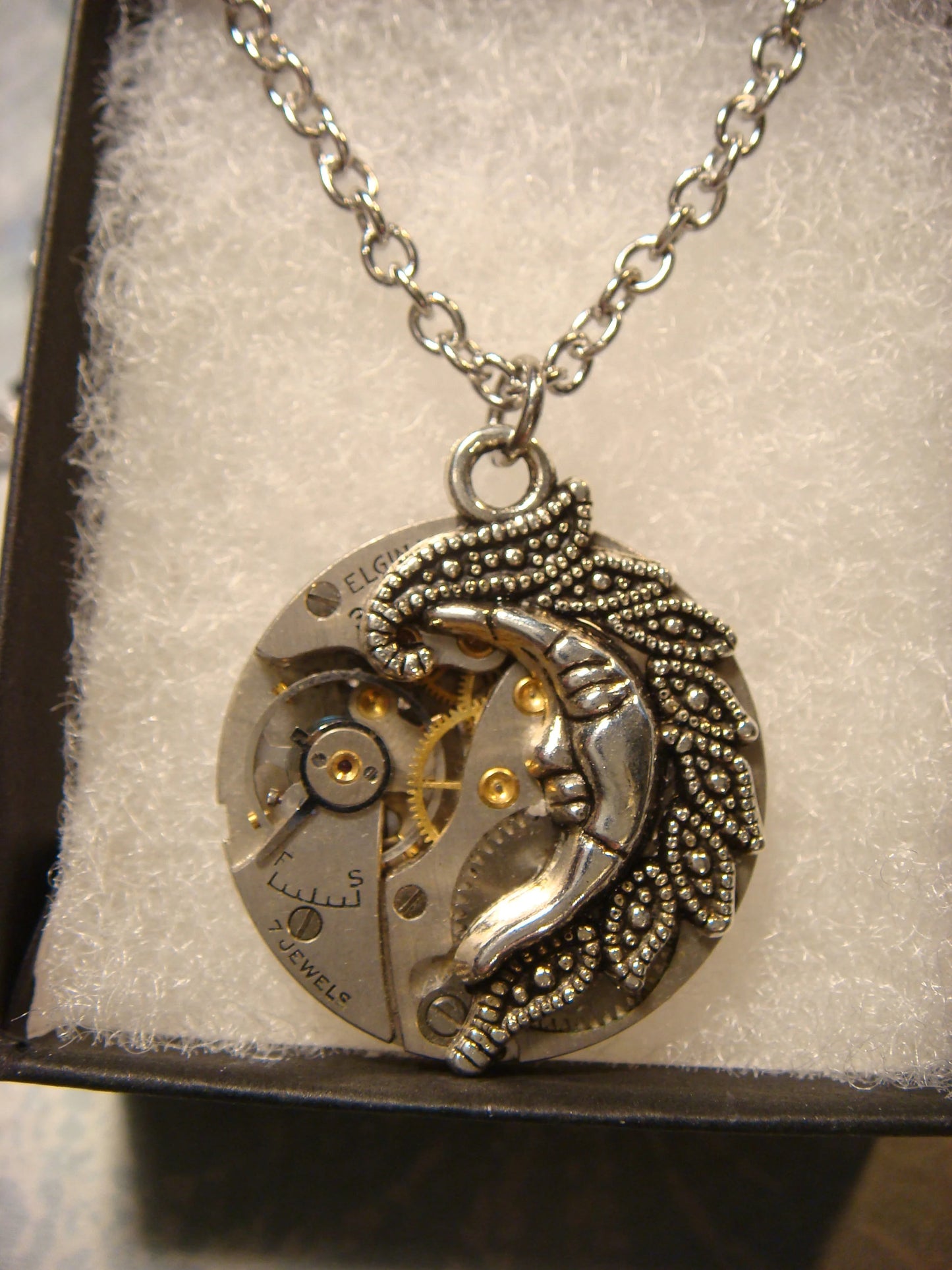Steampunk Moon and Watch Movement Necklace with Exposed Gears