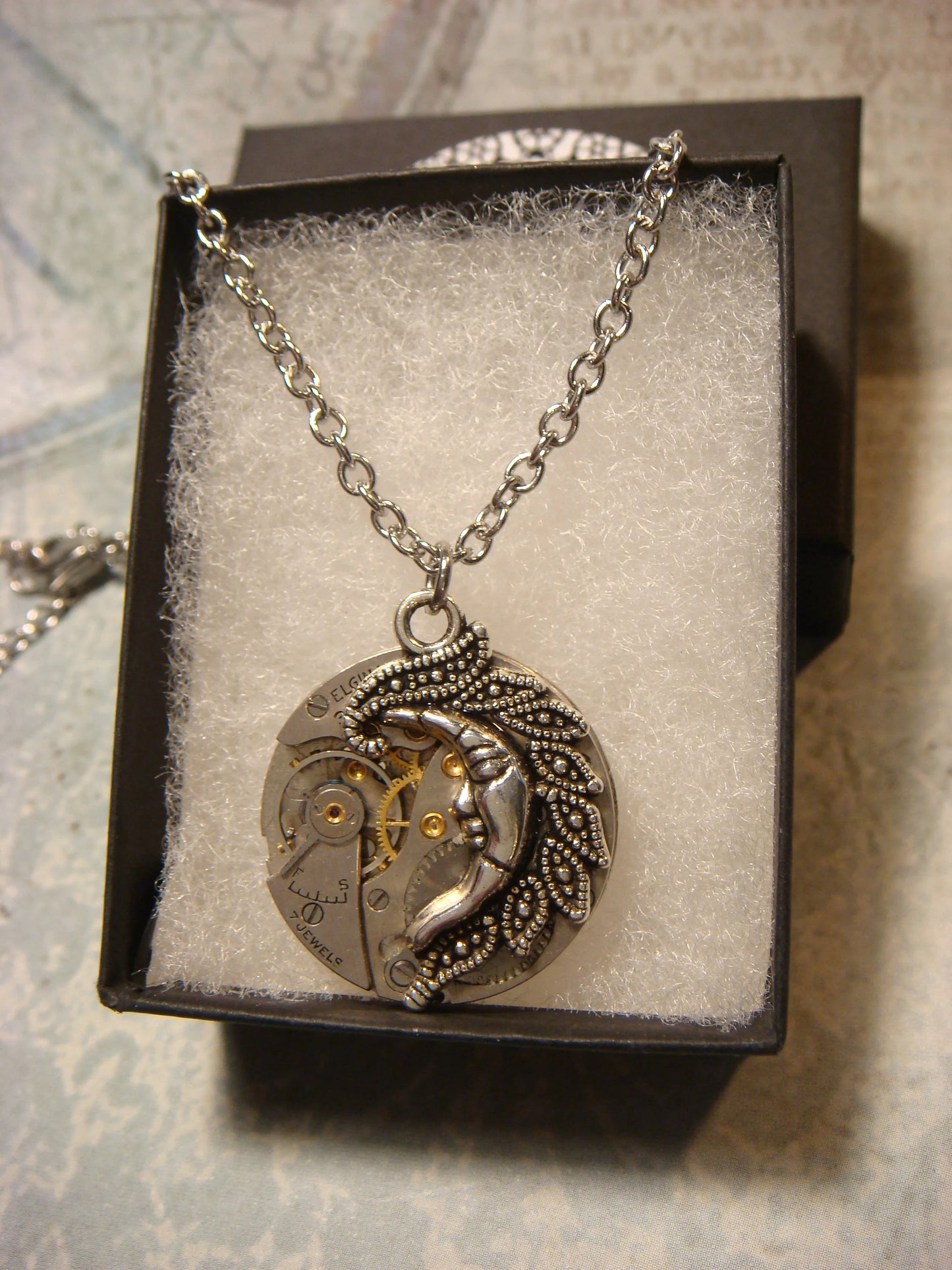 Steampunk Moon and Watch Movement Necklace with Exposed Gears