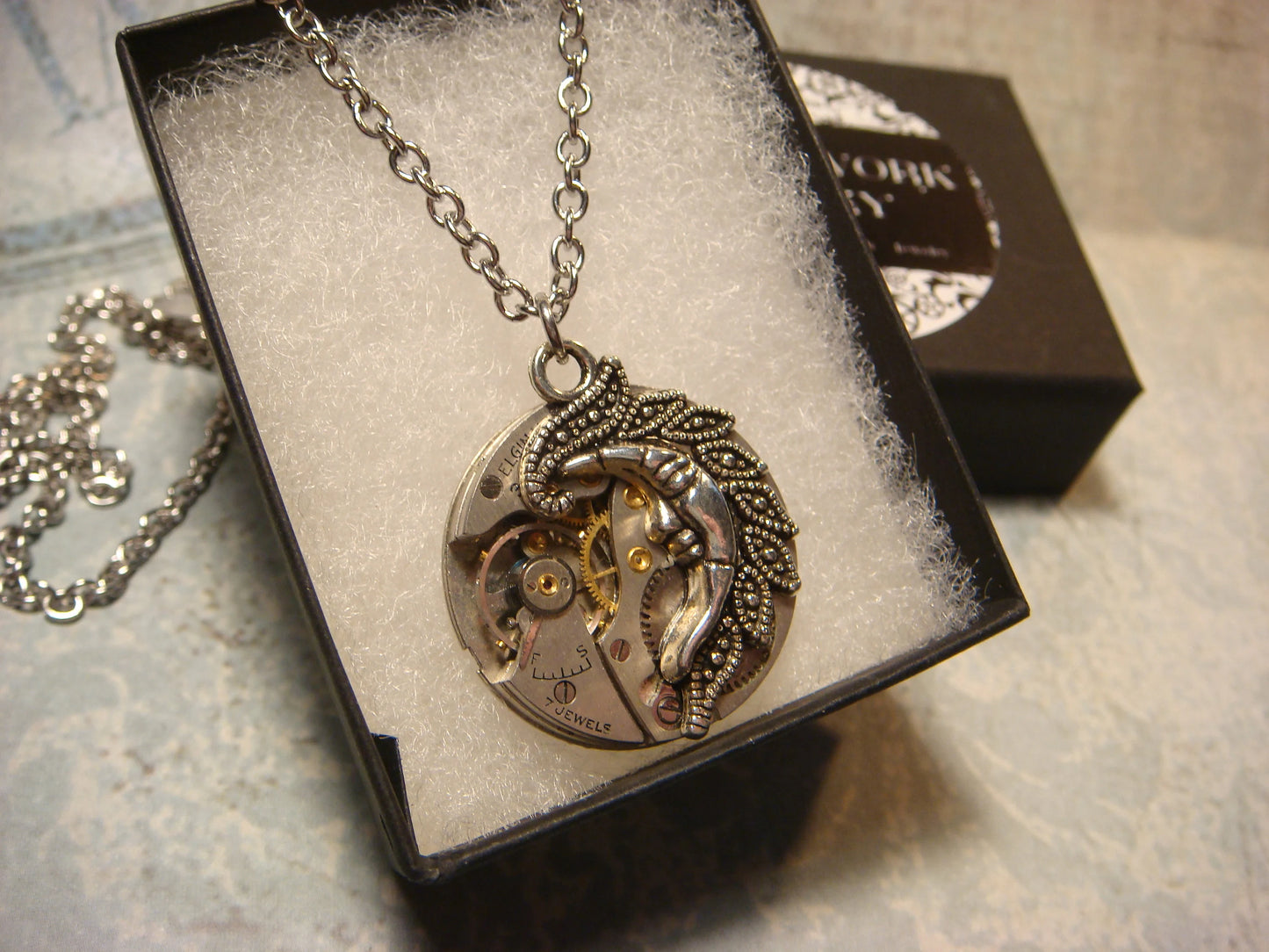 Steampunk Moon and Watch Movement Necklace with Exposed Gears