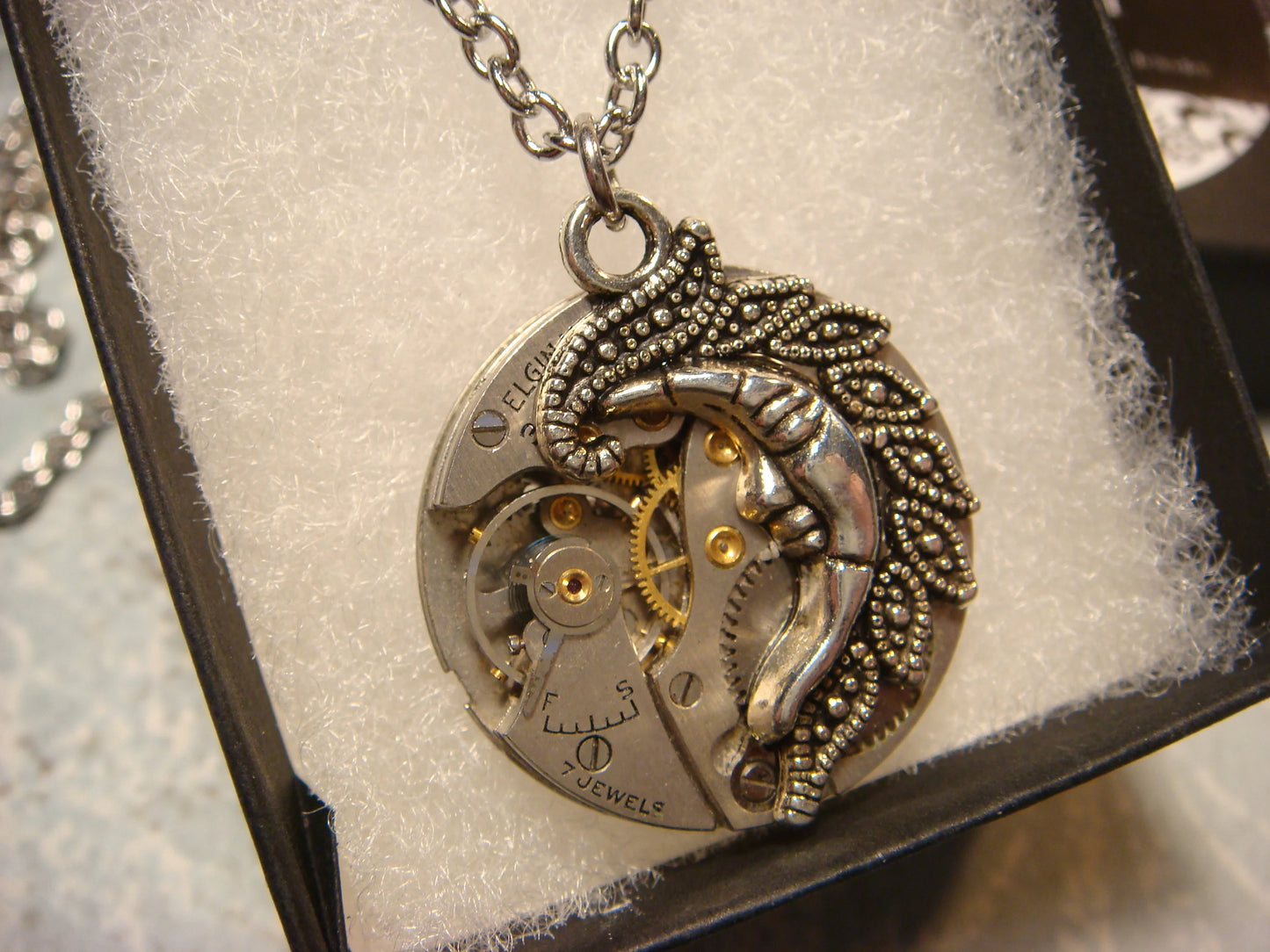 Steampunk Moon and Watch Movement Necklace with Exposed Gears