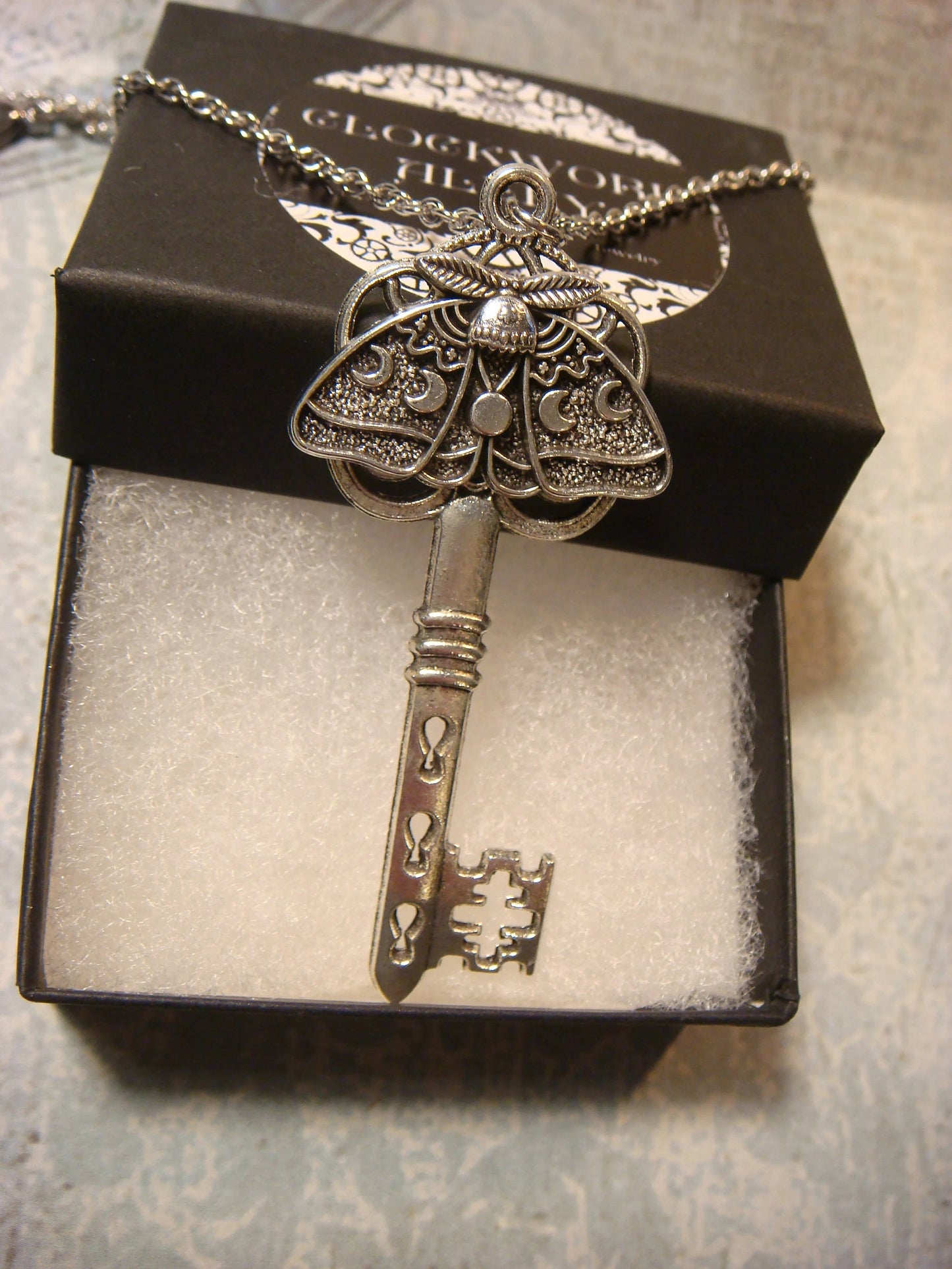 Lunar Moth Skeleton Key Necklace in Antique Silver (larger)