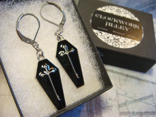 Black Coffin Dangle Earrings in Antique Silver
