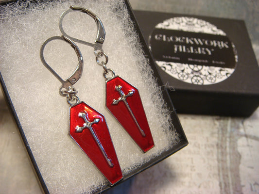 Red Coffin Dangle Earrings in Antique Silver