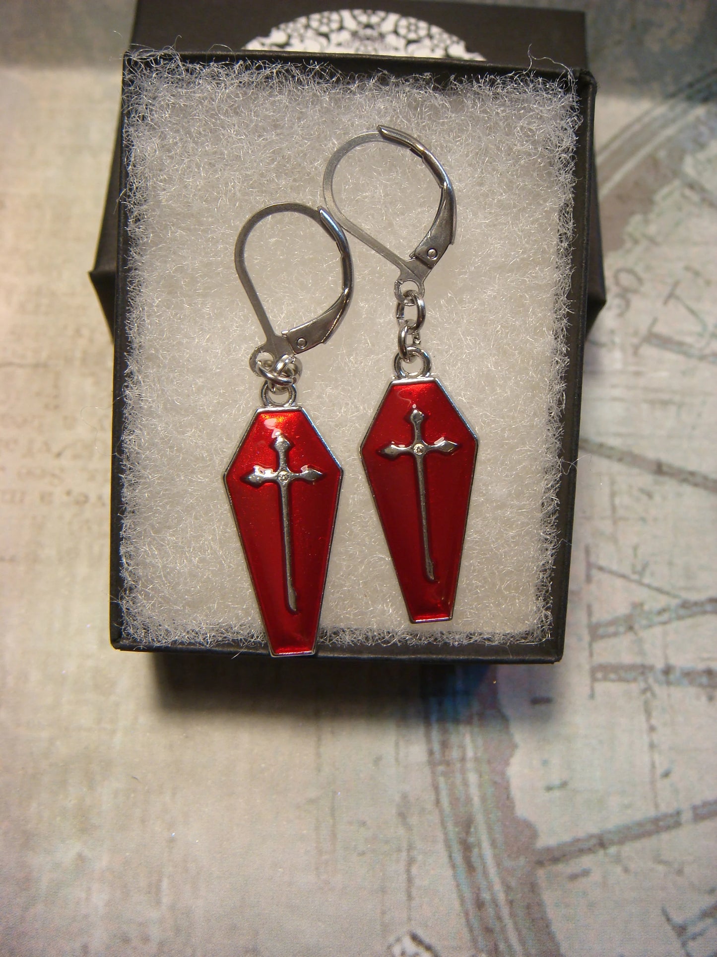 Red Coffin Dangle Earrings in Antique Silver