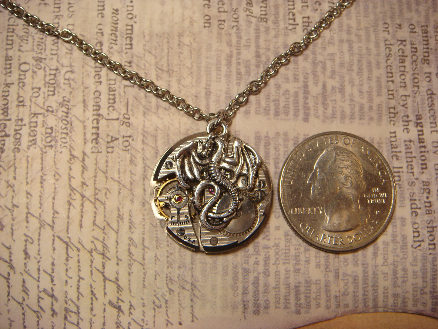 Steampunk Dragon Watch Movement Necklace with Exposed Gears