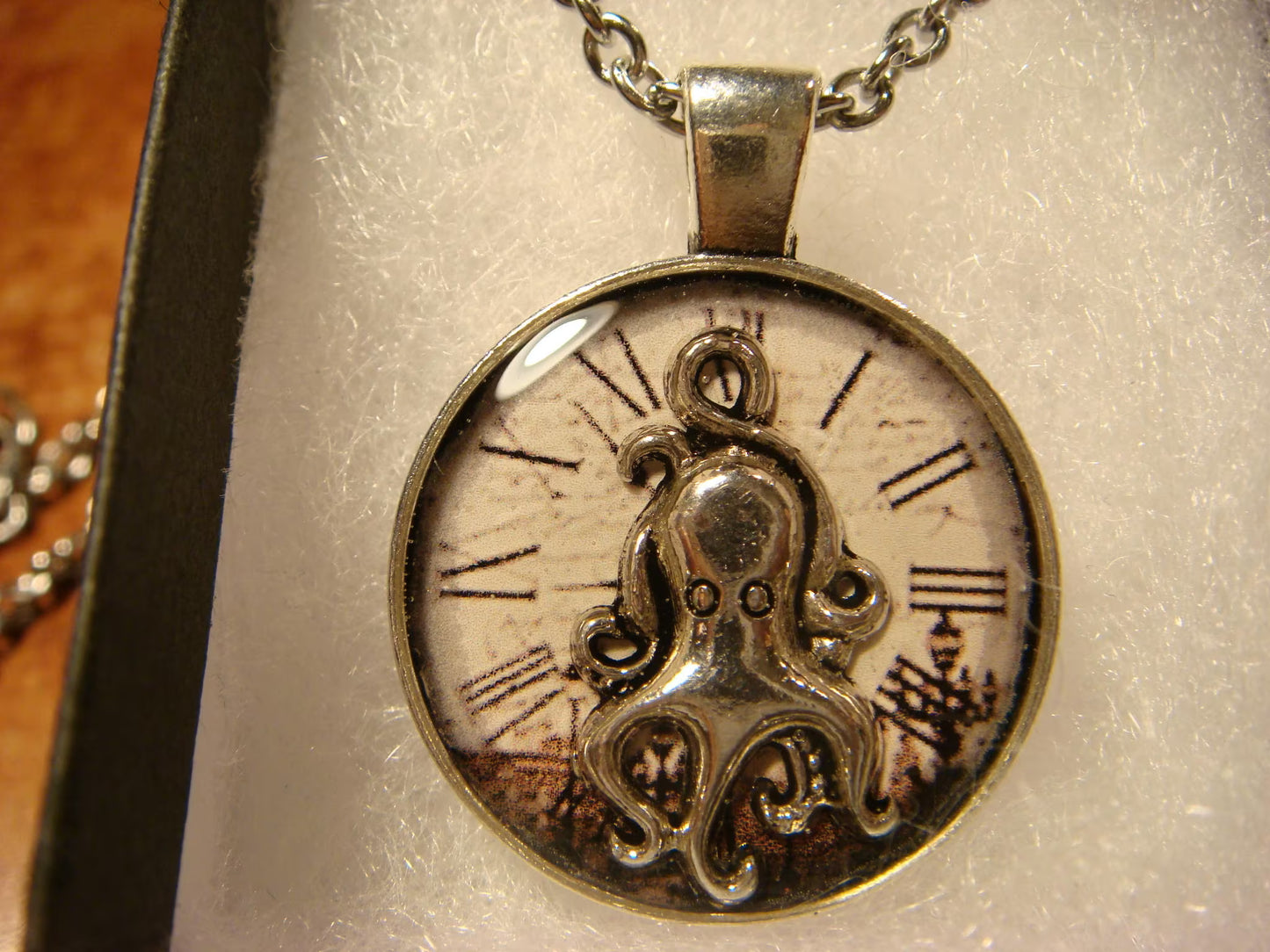 Octopus over Victorian Clock Small Pendant Necklace