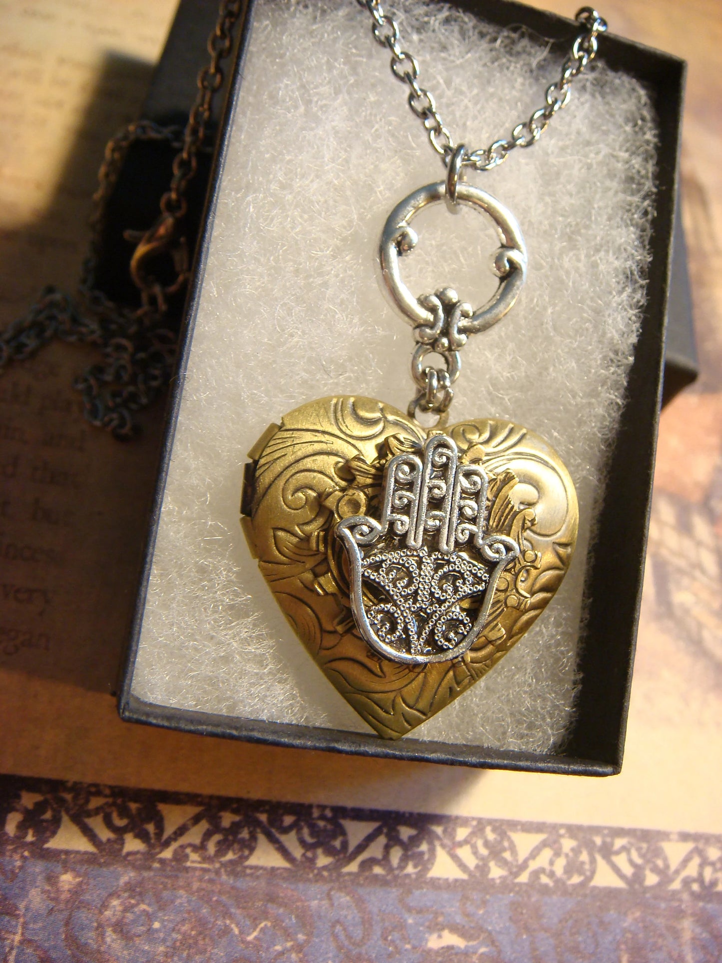Hamsa Heart Locket Necklace in Antique Silver and Bronze