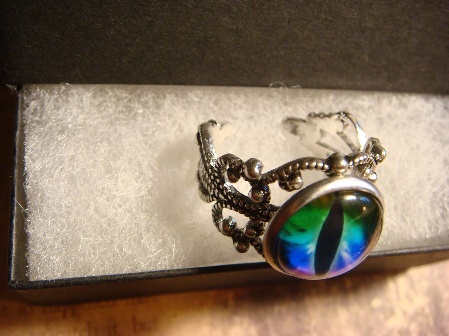Colorful Eye Image Filigree Ring in Antique Silver - Adjustable