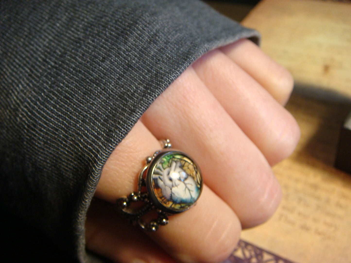 Anatomical Heart Image Filigree Ring in Antique Silver - Adjustable