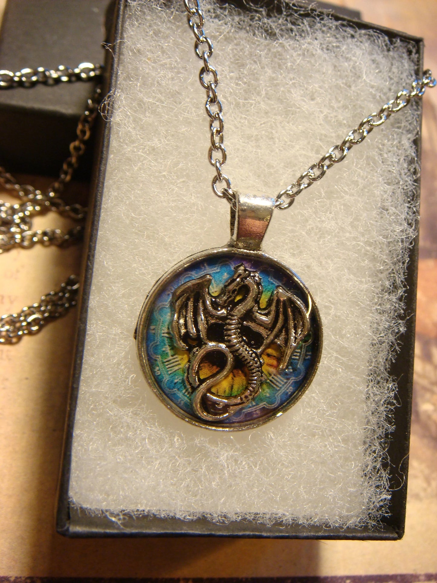 Dragon over Colorful Clock Small Pendant Necklace