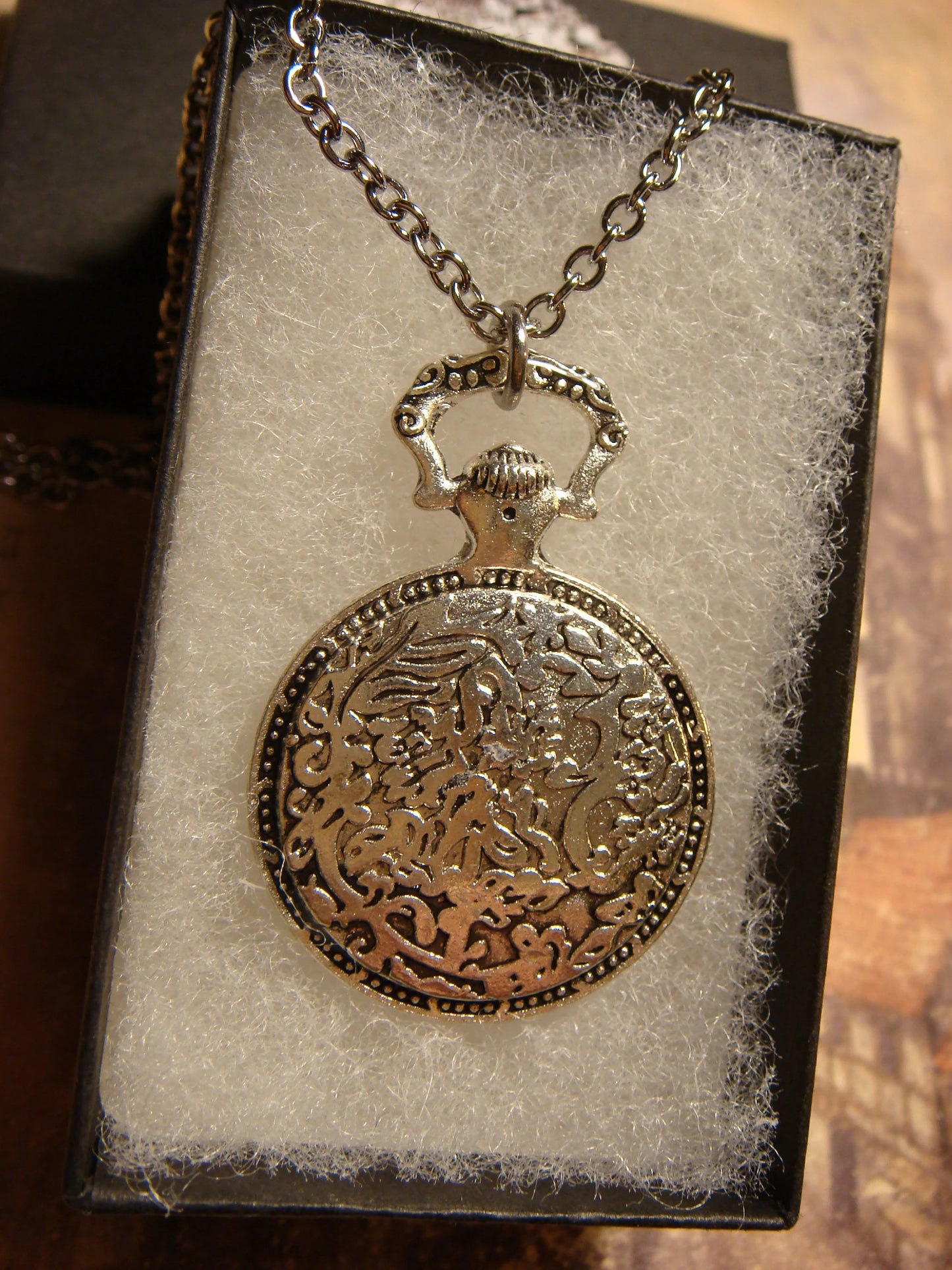 Dragon over Floral Clock Pocket Watch Pendant Necklace
